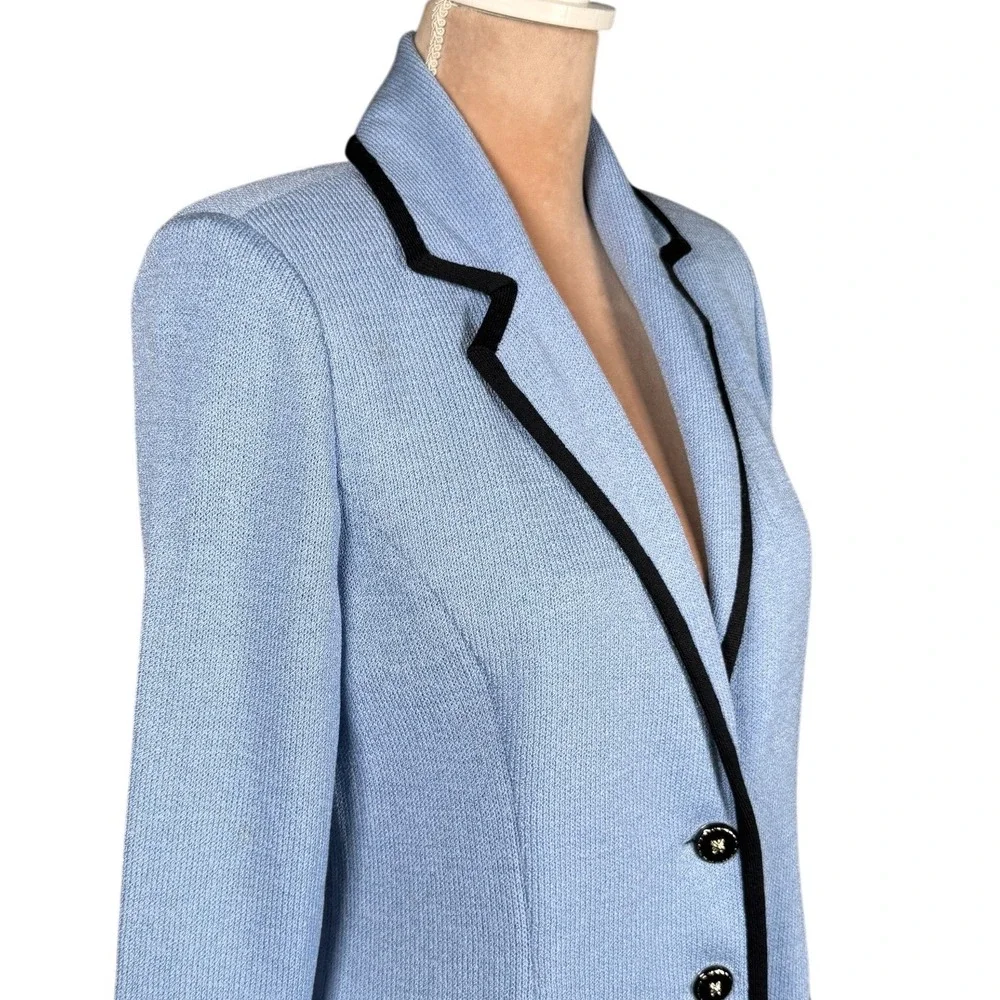 St. John Collection Knit Blazer‎ Women 4 Blue Black Trim Santana Longline Jacket